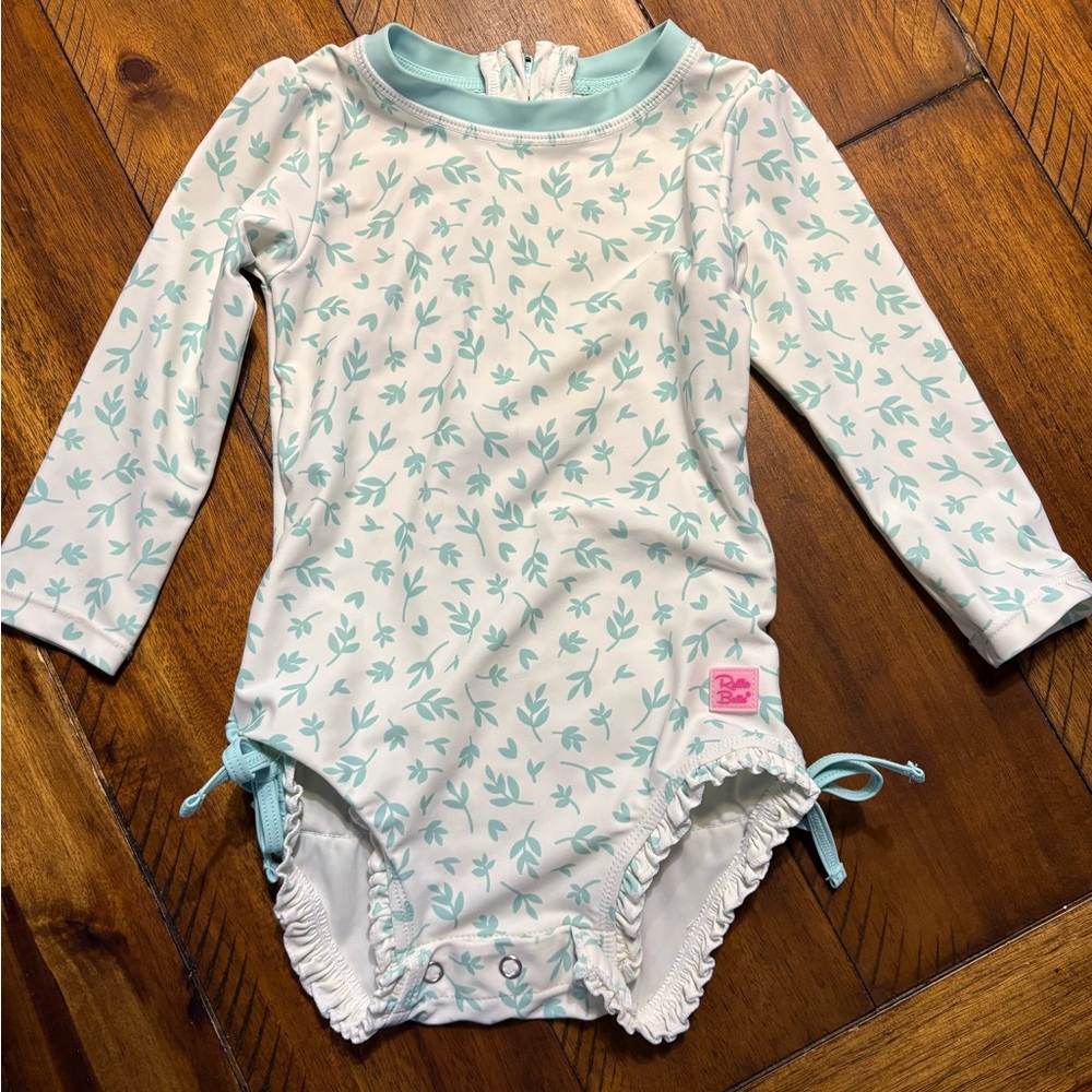 Ruffle Butts Aqua Leaf Print Kids Swim One Piece